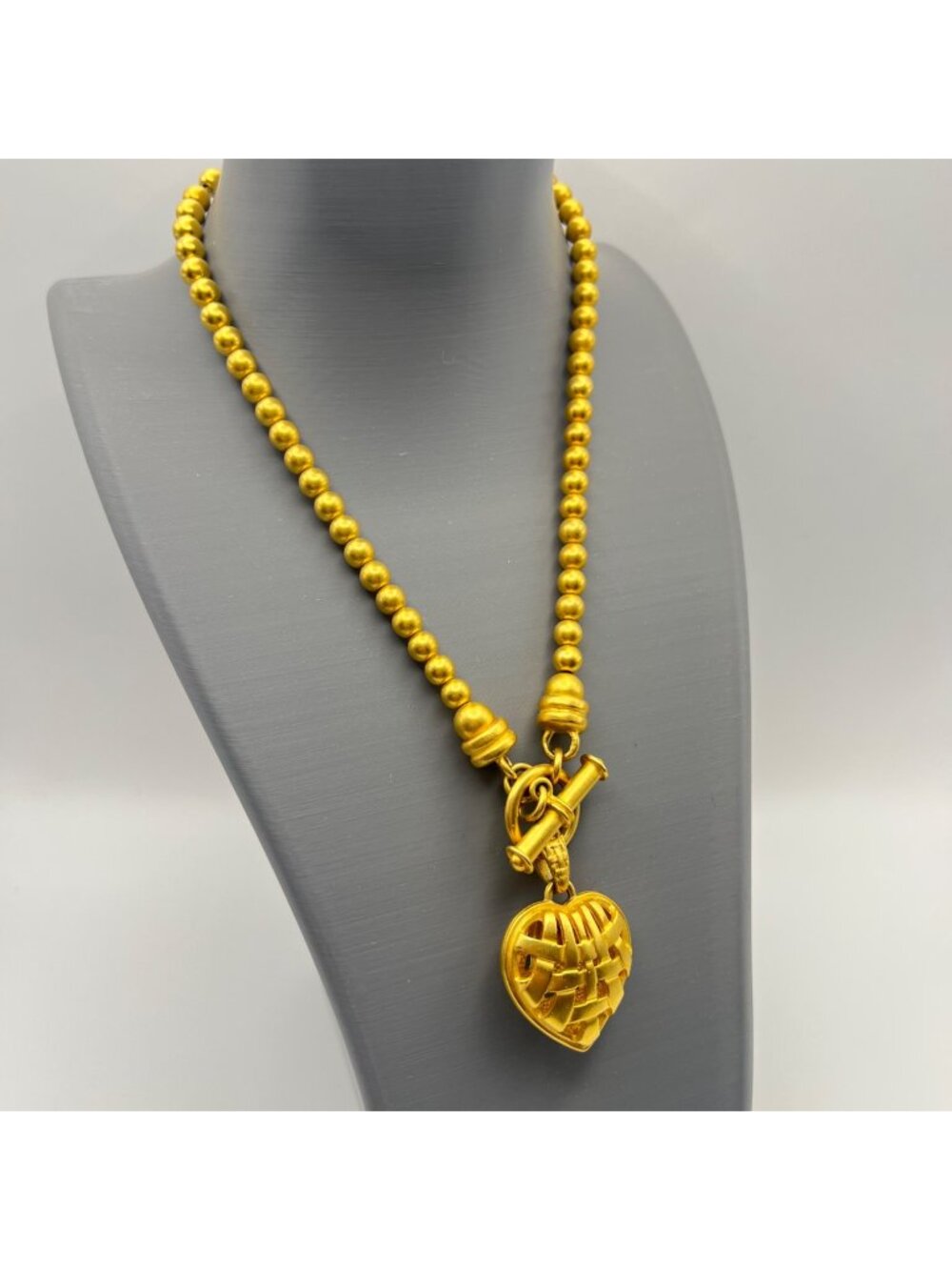 Satin Brushed Gold Tone Beaded Necklace Woven Puffy Heart Pendant Toggle 16"